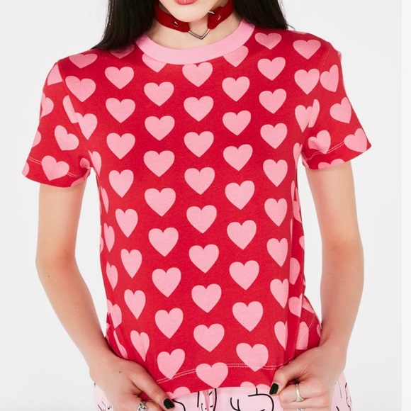Lazy Oaf Tops - Lazy Oaf Heart Repeat Fitted Tee